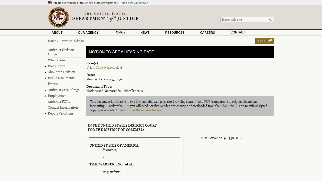 Motion to Set a Hearing Date | ATR | Department of Justice